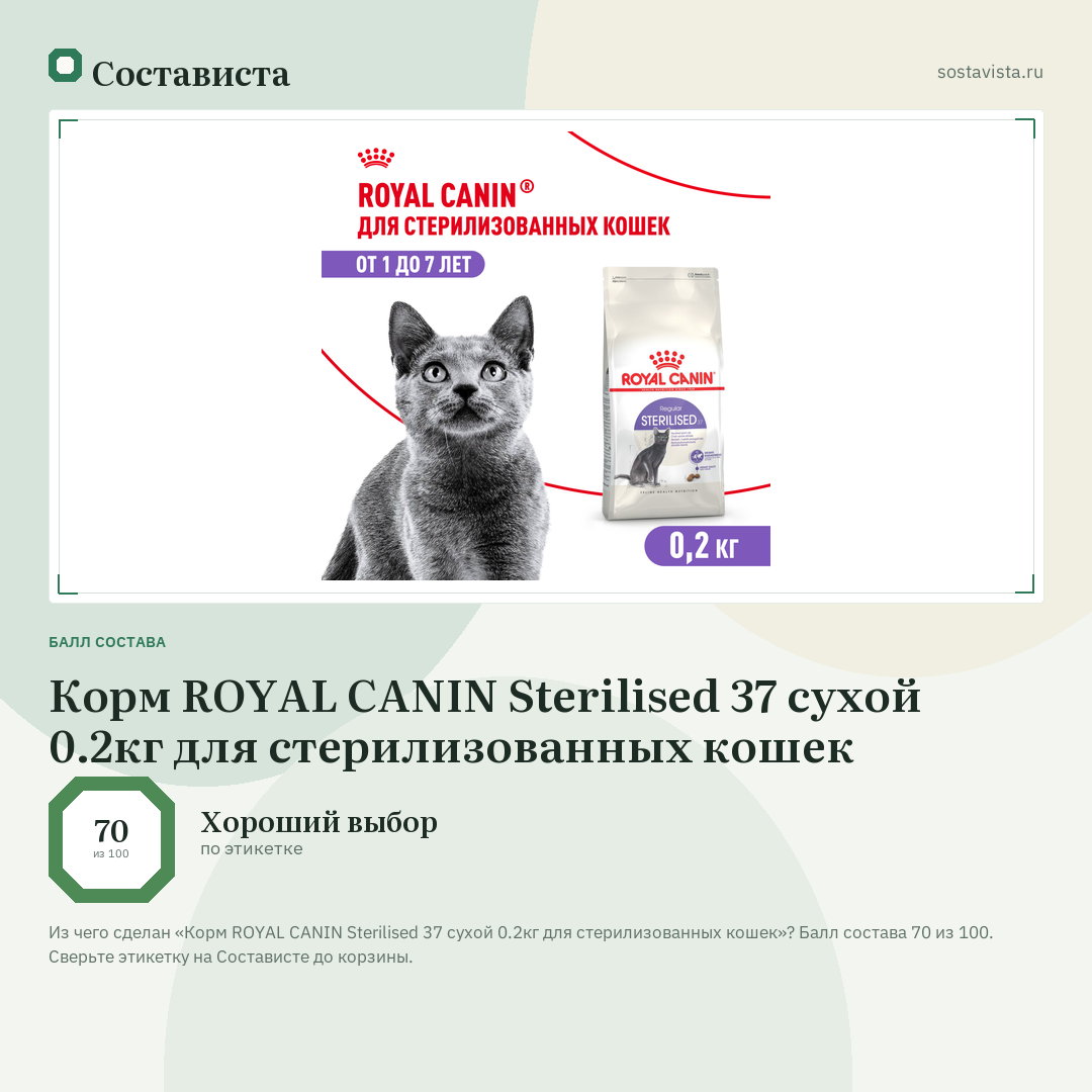 Корм ROYAL CANIN Sterilised 37 сухой 0.2кг для стерилизованных кошек: балл состава 70 из 100 — Состависта