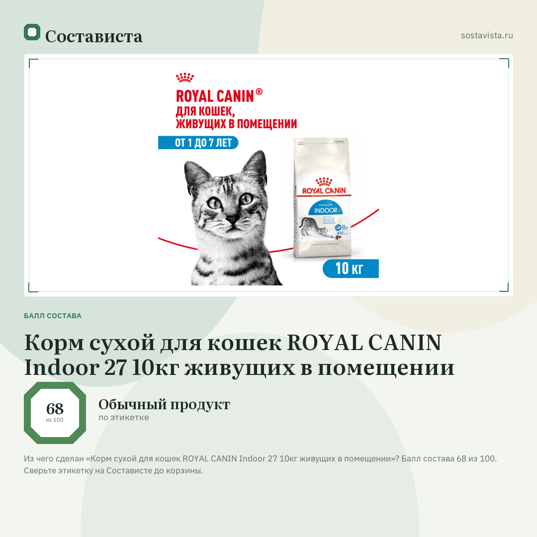 Корм сухой для кошек ROYAL CANIN Indoor 27 10кг живущих в помещении: балл состава 68 из 100 — Состависта