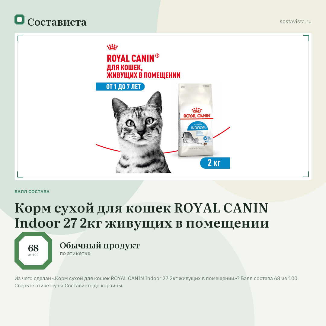 Корм сухой для кошек ROYAL CANIN Indoor 27 2кг живущих в помещении: балл состава 68 из 100 — Состависта