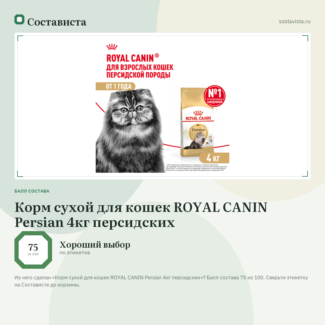 Корм сухой для кошек ROYAL CANIN Persian 4кг персидских: балл состава 75 из 100 — Состависта