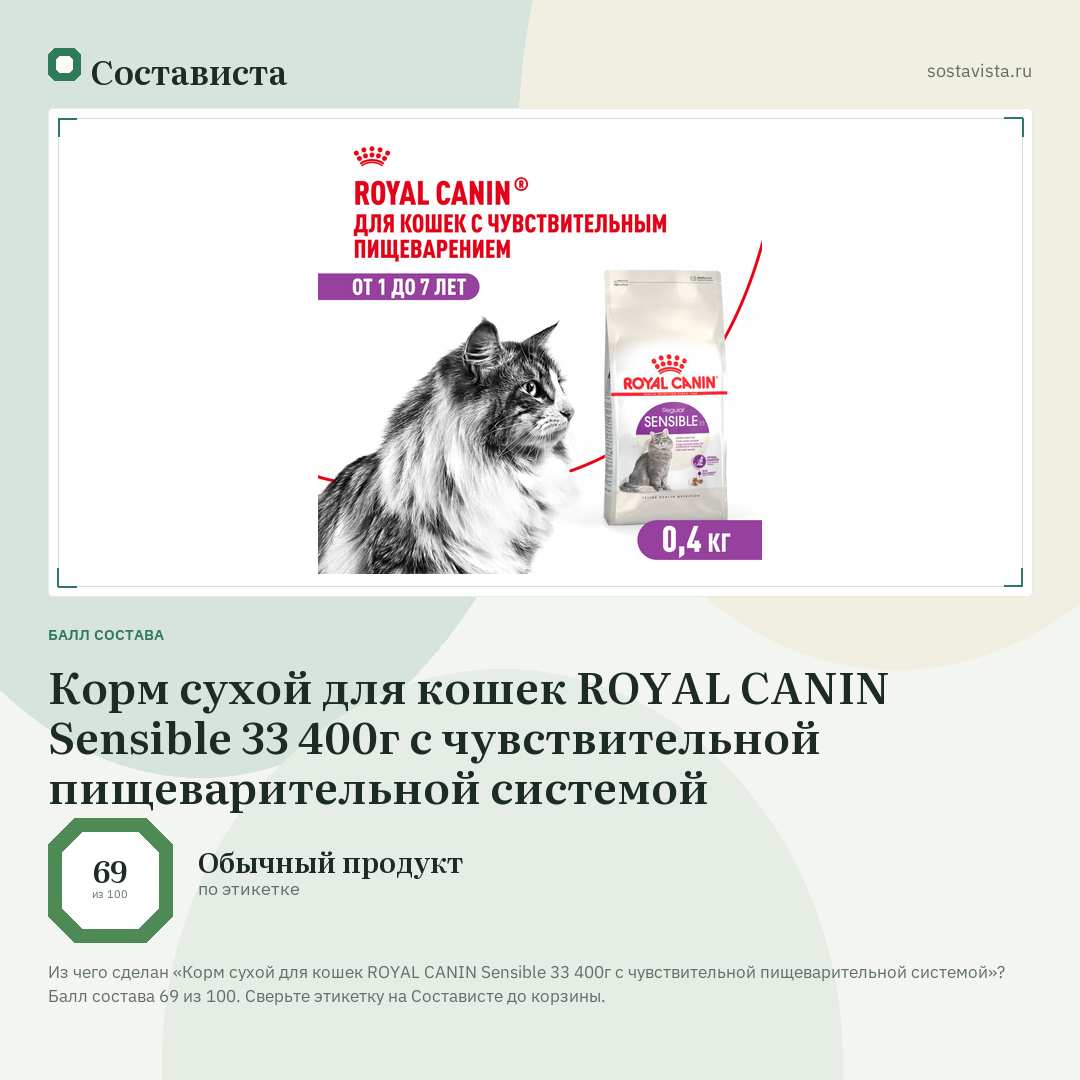Корм сухой для кошек ROYAL CANIN Sensible 33 400г с чувствительной пищеварительной системой: балл состава 69 из 100 — Состависта