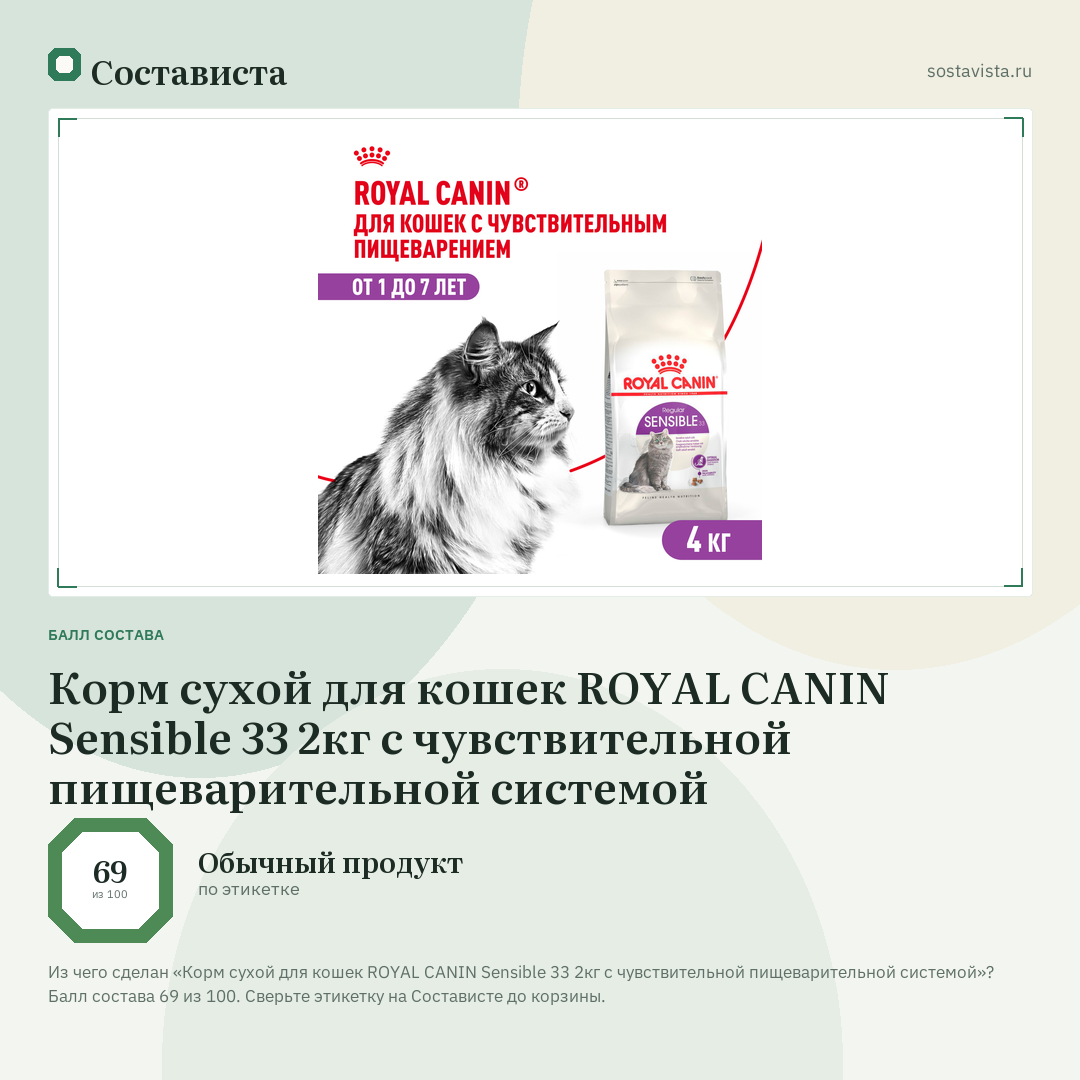 Корм сухой для кошек ROYAL CANIN Sensible 33 2кг с чувствительной пищеварительной системой: балл состава 69 из 100 — Состависта