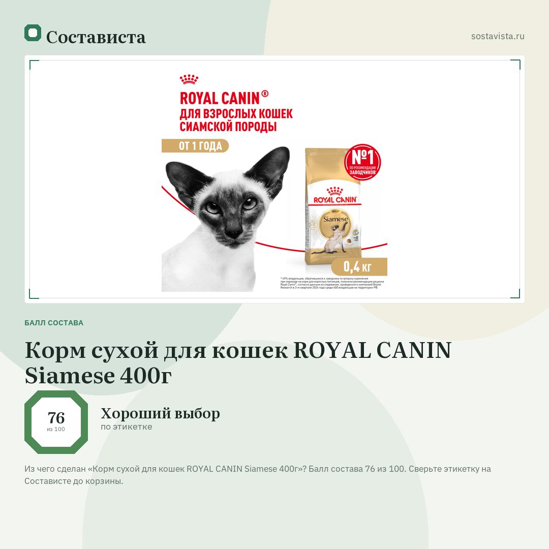 Корм сухой для кошек ROYAL CANIN Siamese 400г: балл состава 76 из 100 — Состависта