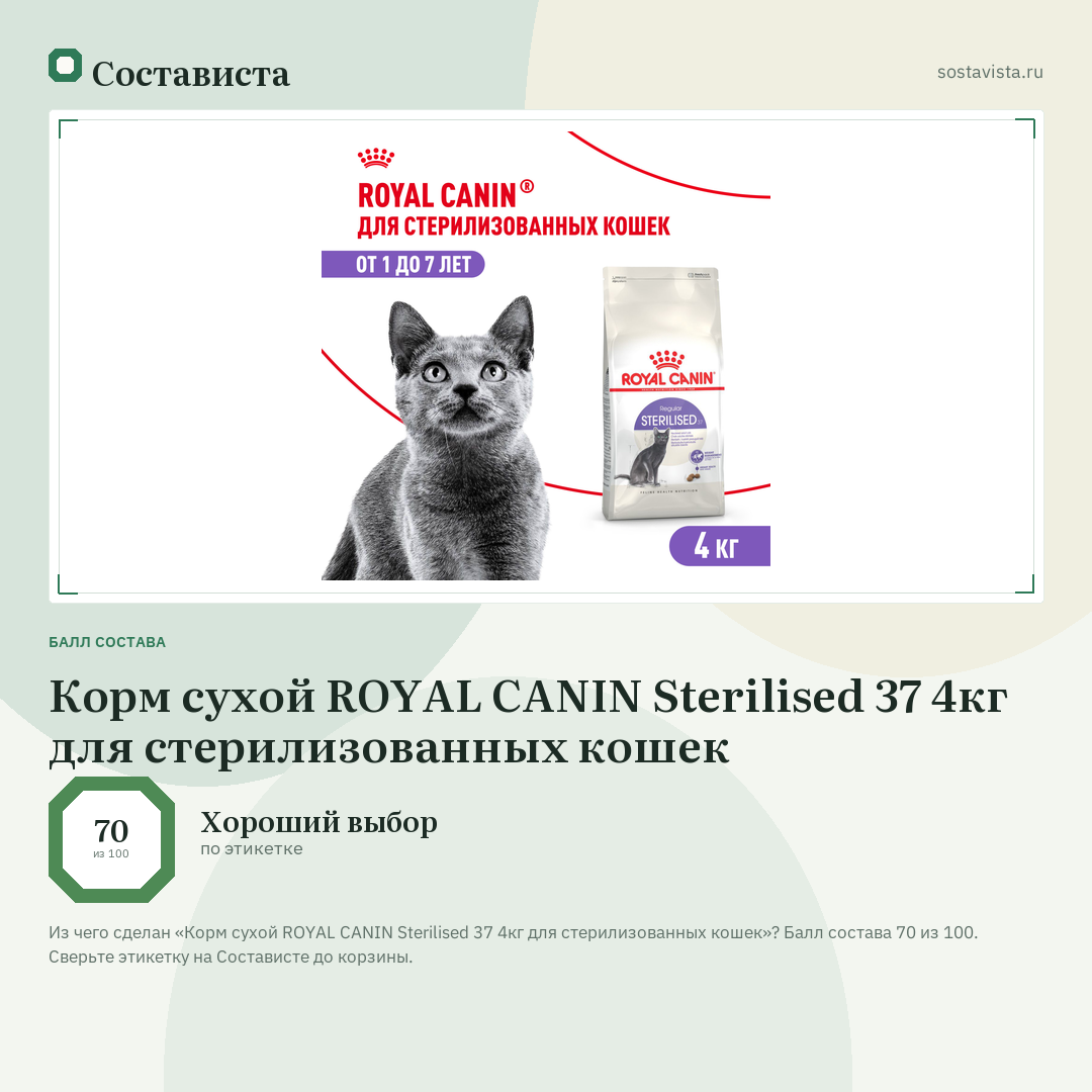 Корм сухой ROYAL CANIN Sterilised 37 4кг для стерилизованных кошек: балл состава 70 из 100 — Состависта