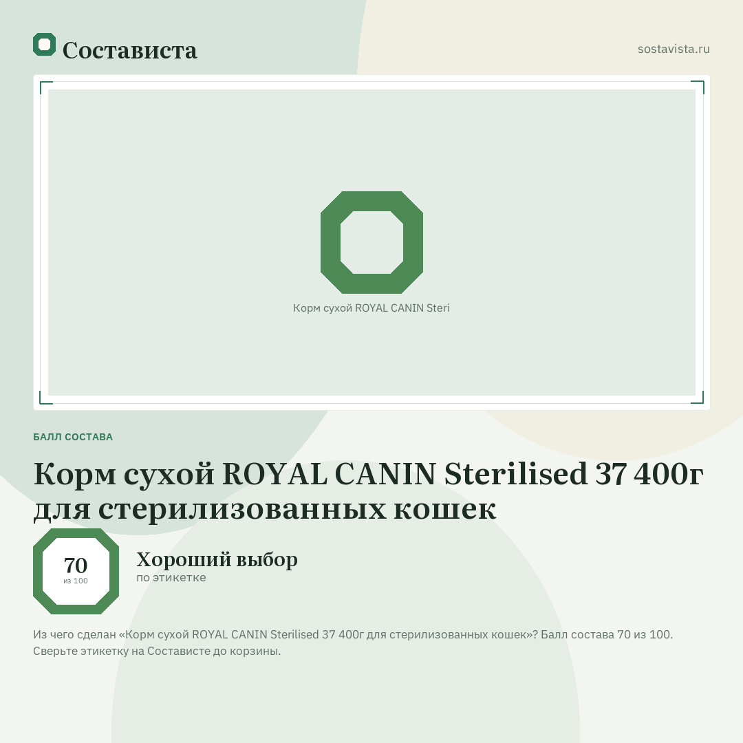Корм сухой ROYAL CANIN Sterilised 37 400г для стерилизованных кошек: балл состава 70 из 100 — Состависта