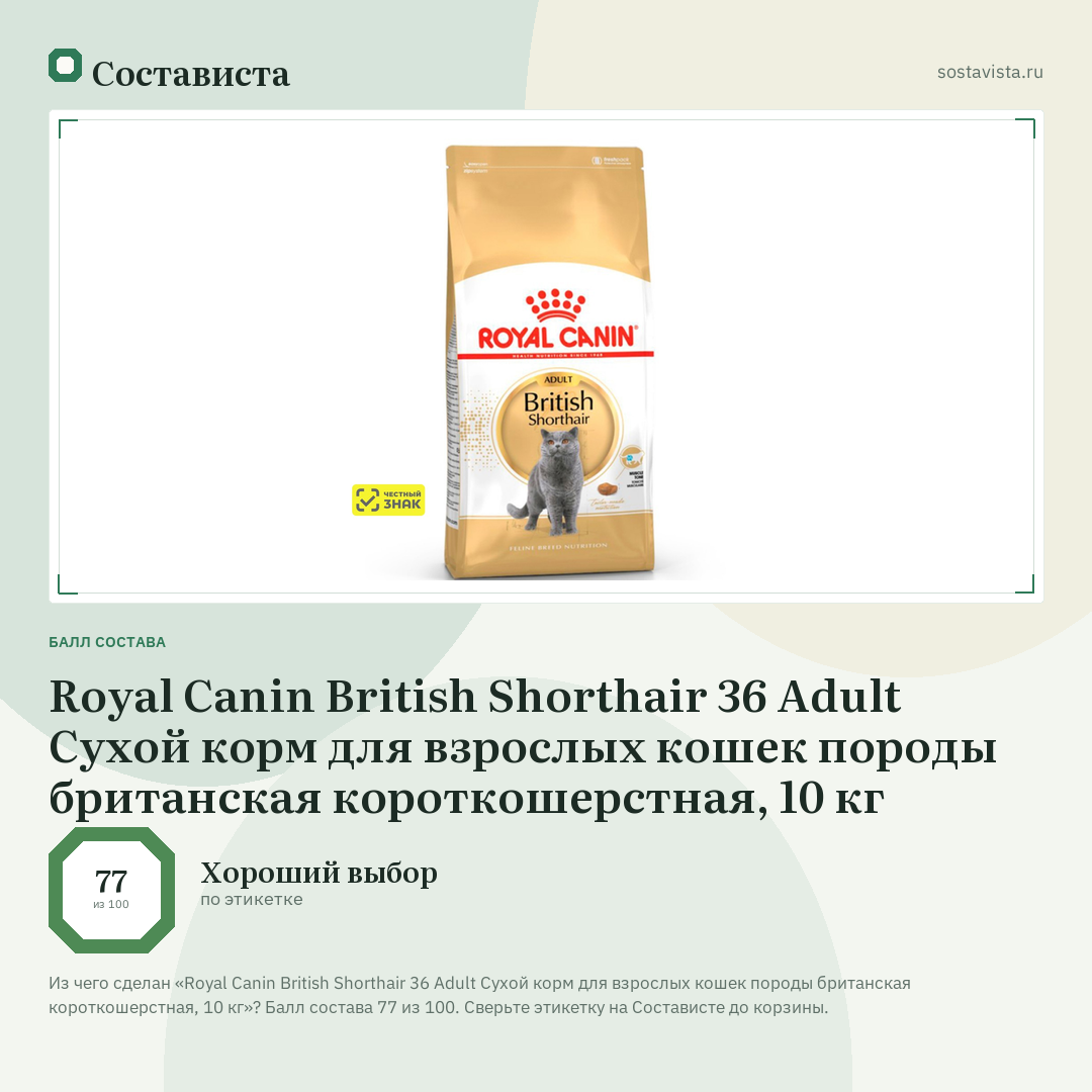 Royal Canin British Shorthair 36 Adult Сухой корм для взрослых кошек породы британская короткошерстная, 10 кг: балл состава 77 из 100 — Состависта