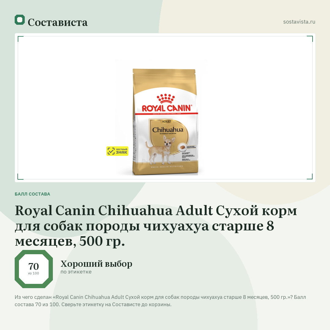 Royal Canin Chihuahua Adult Сухой корм для собак породы чихуахуа старше 8 месяцев, 500 гр.: балл состава 70 из 100 — Состависта