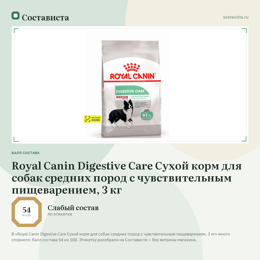 Royal Canin Digestive Care Сухой корм для собак средних пород с чувствительным пищеварением, 3 кг: балл состава 54 из 100 — Состависта