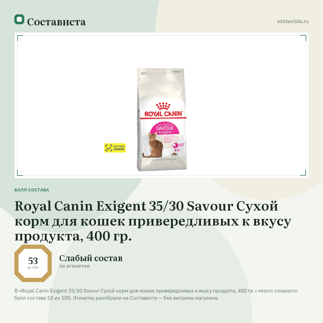 Royal Canin Exigent 35/30 Savour Сухой корм для кошек привередливых к вкусу продукта, 400 гр.: балл состава 53 из 100 — Состависта