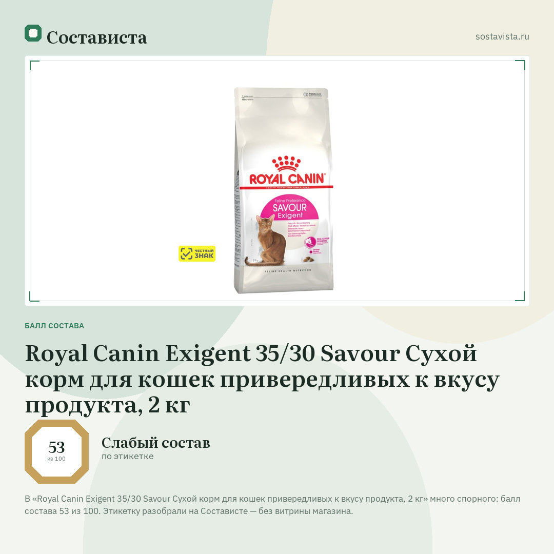 Royal Canin Exigent 35/30 Savour Сухой корм для кошек привередливых к вкусу продукта, 2 кг: балл состава 53 из 100 — Состависта