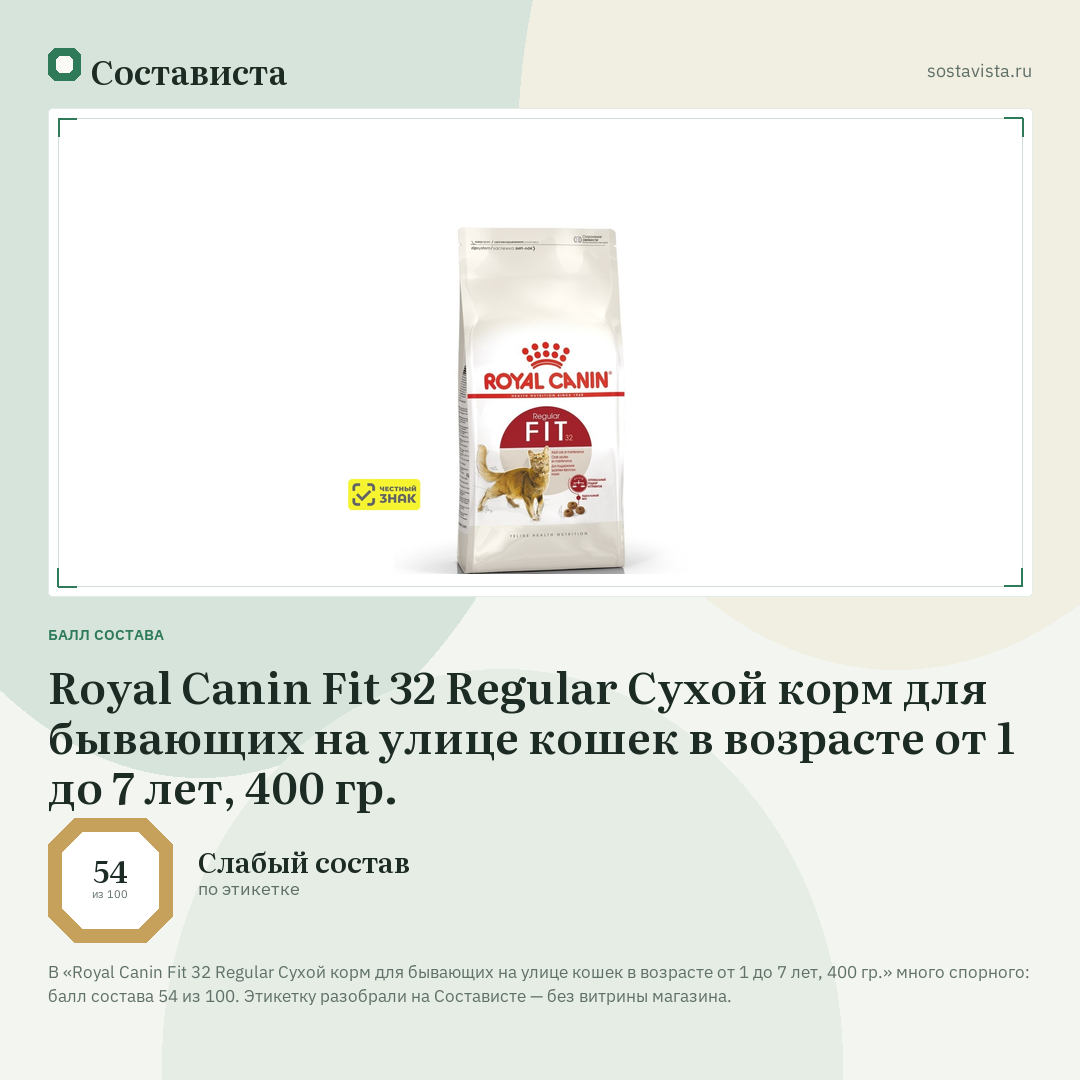 Royal Canin Fit 32 Regular Сухой корм для бывающих на улице кошек в возрасте от 1 до 7 лет, 400 гр.: балл состава 54 из 100 — Состависта