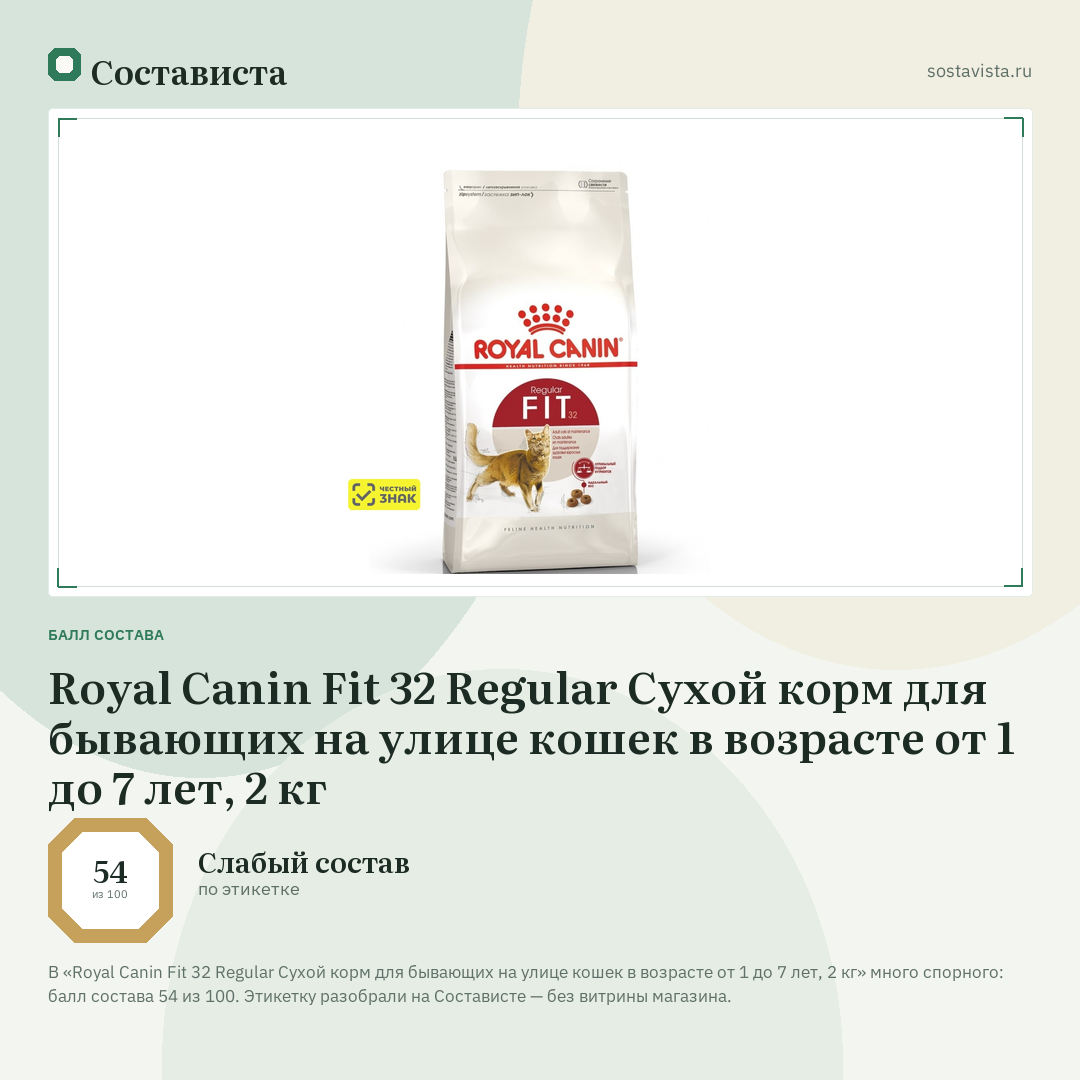 Royal Canin Fit 32 Regular Сухой корм для бывающих на улице кошек в возрасте от 1 до 7 лет, 2 кг: балл состава 54 из 100 — Состависта
