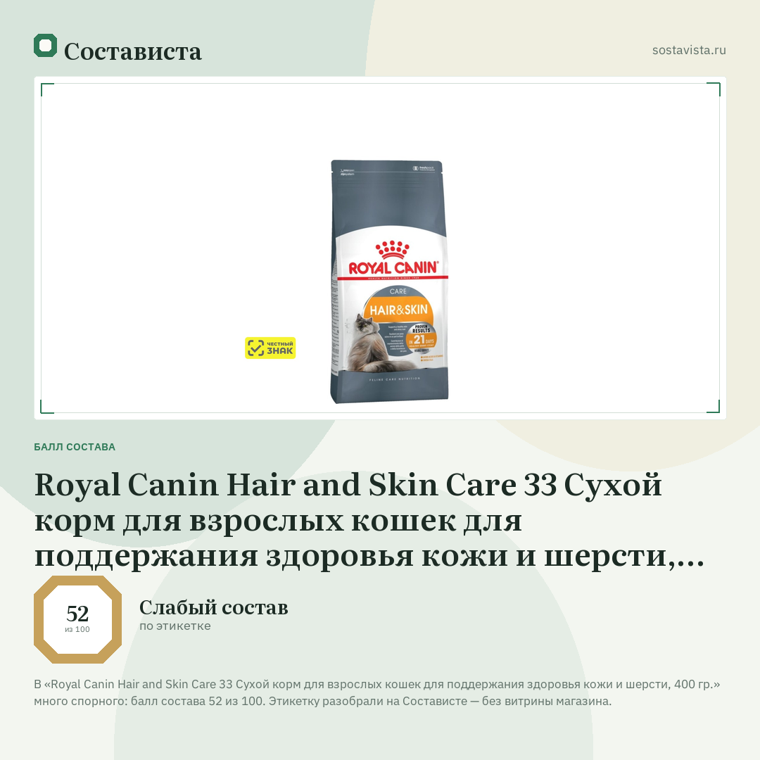 Royal Canin Hair and Skin Care 33 Сухой корм для взрослых кошек для поддержания здоровья кожи и шерсти, 400 гр.: балл состава 52 из 100 — Состависта