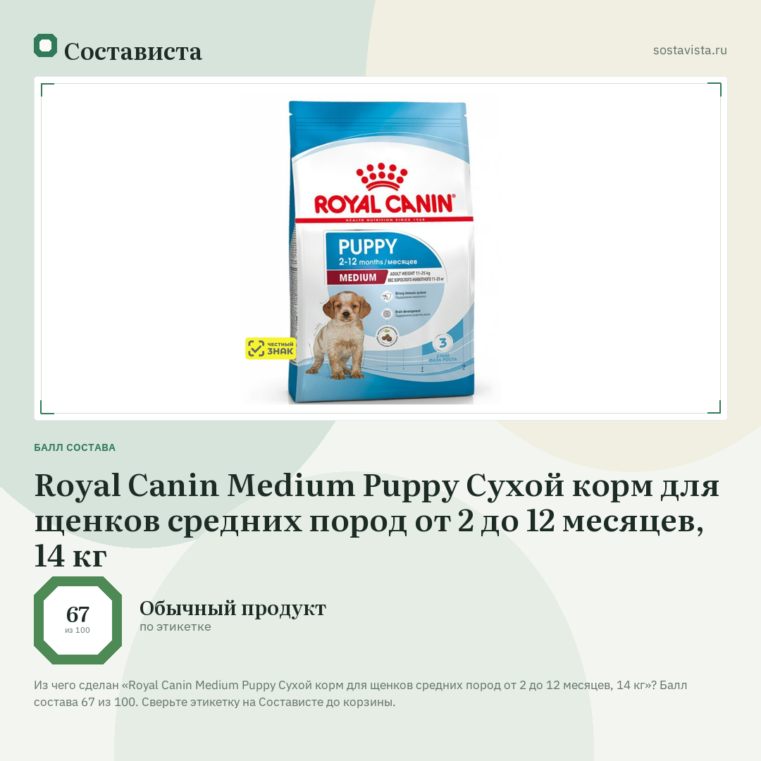 Royal Canin Medium Puppy Сухой корм для щенков средних пород от 2 до 12 месяцев, 14 кг: балл состава 67 из 100 — Состависта