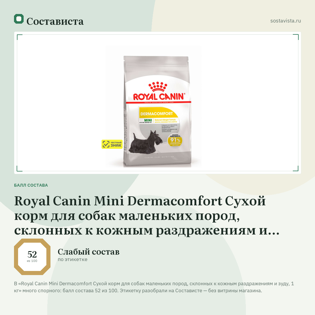 Royal Canin Mini Dermacomfort Сухой корм для собак маленьких пород, склонных к кожным раздражениям и зуду, 1 кг: балл состава 52 из 100 — Состависта