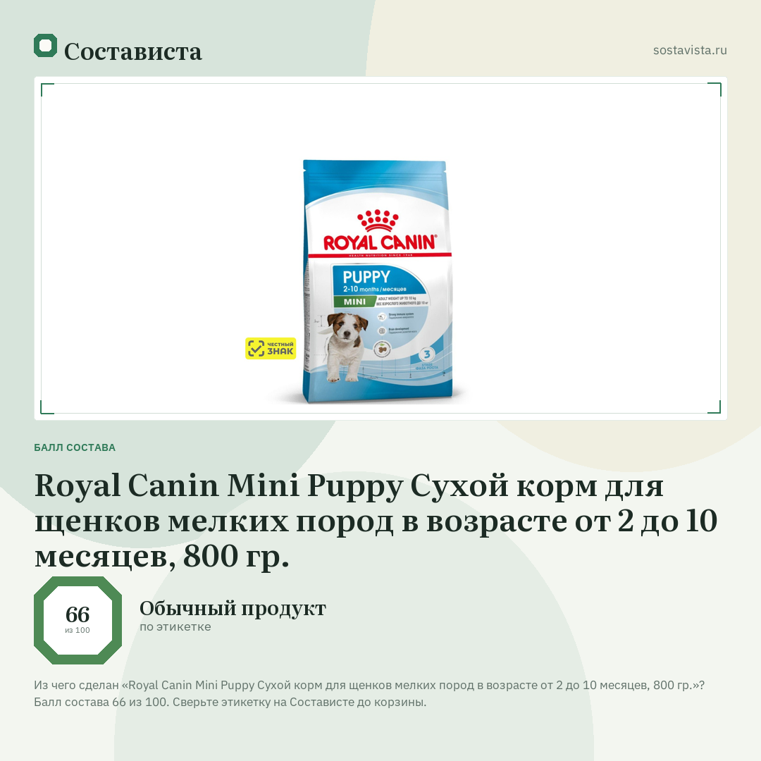 Royal Canin Mini Puppy Сухой корм для щенков мелких пород в возрасте от 2 до 10 месяцев, 800 гр.: балл состава 66 из 100 — Состависта