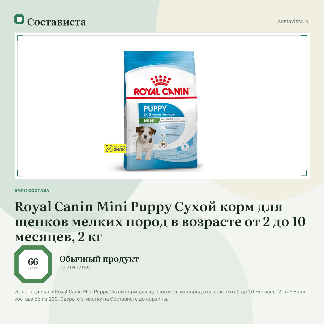 Royal Canin Mini Puppy Сухой корм для щенков мелких пород в возрасте от 2 до 10 месяцев, 2 кг: балл состава 66 из 100 — Состависта