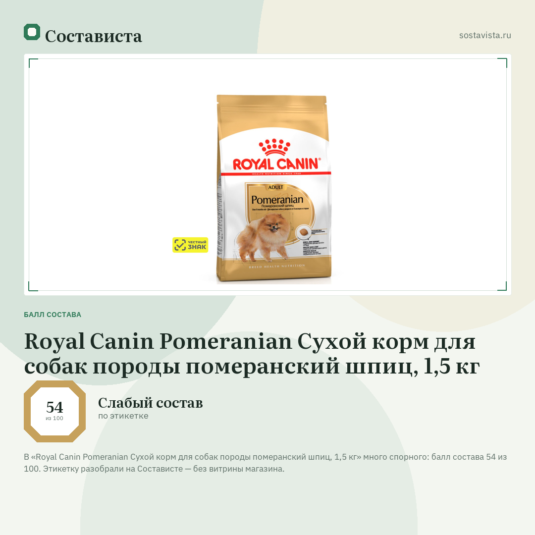Royal Canin Pomeranian Сухой корм для собак породы померанский шпиц, 1,5 кг: балл состава 54 из 100 — Состависта