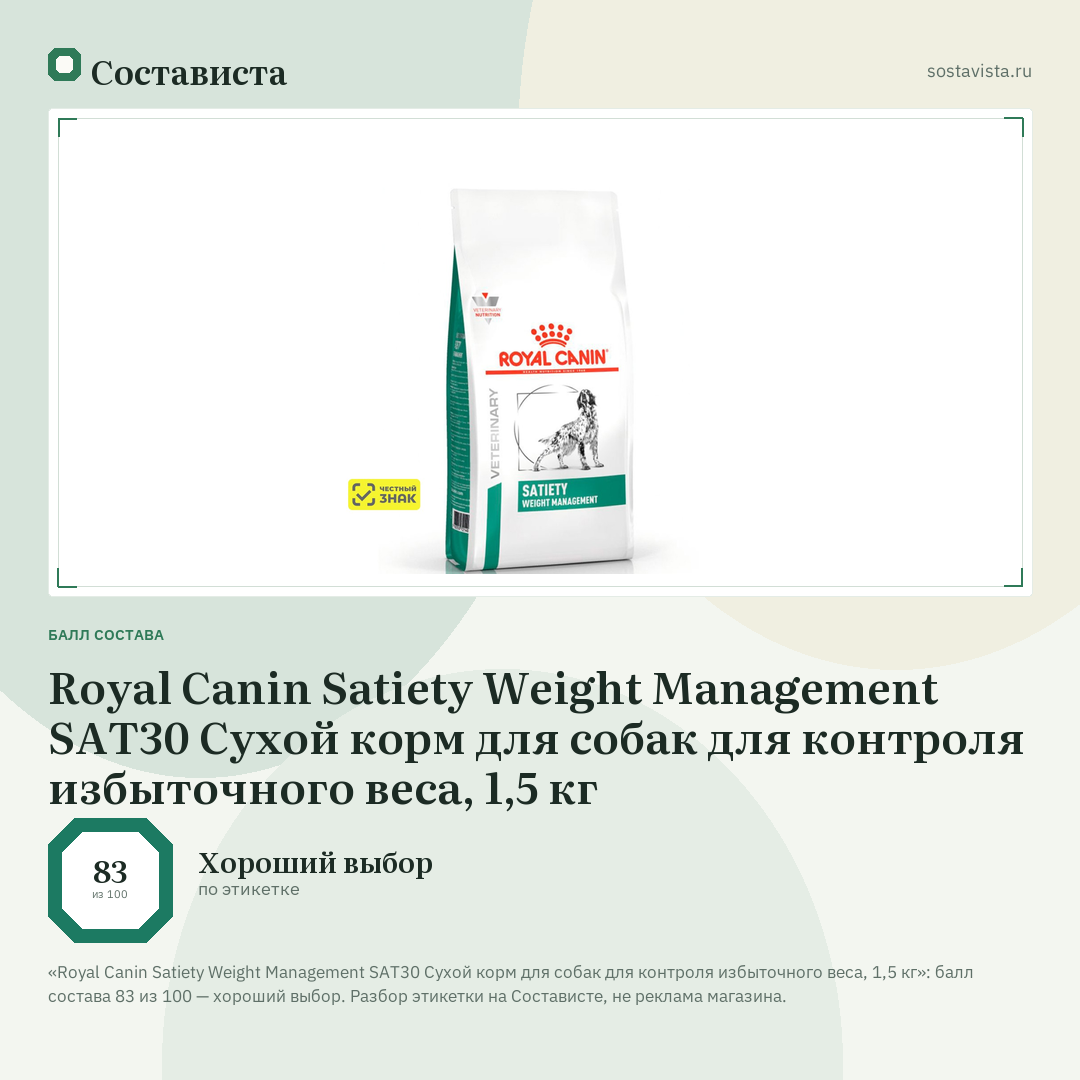 Royal Canin Satiety Weight Management SAT30 Сухой корм для собак для контроля избыточного веса, 1,5 кг: балл состава 83 из 100 — Состависта