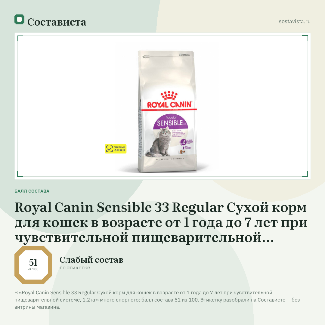 Royal Canin Sensible 33 Regular Сухой корм для кошек в возрасте от 1 года до 7 лет при чувствительной пищеварительной системе, 1,2 кг: балл состава 51 из 100 — Состависта