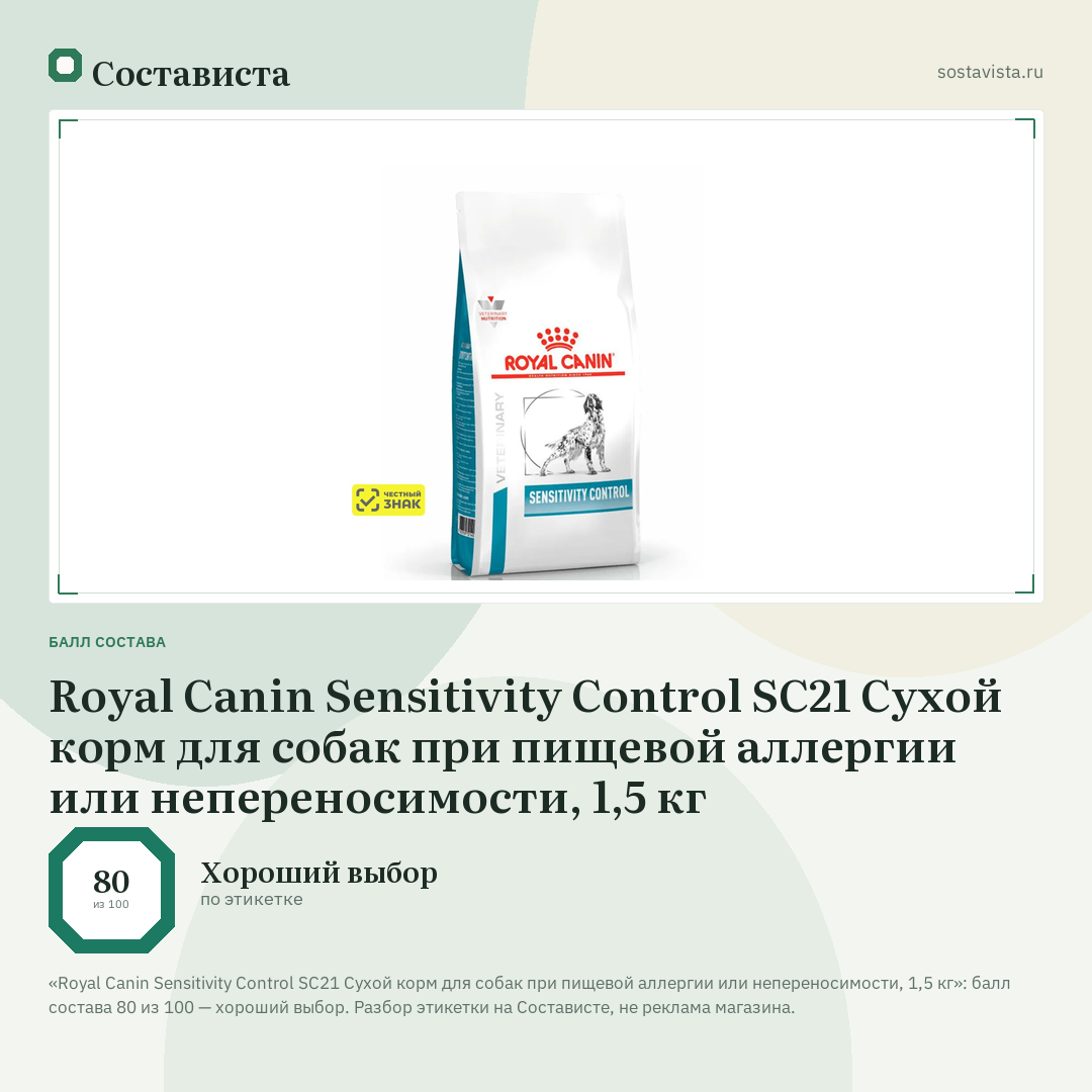 Royal Canin Sensitivity Control SC21 Сухой корм для собак при пищевой аллергии или непереносимости, 1,5 кг: балл состава 80 из 100 — Состависта