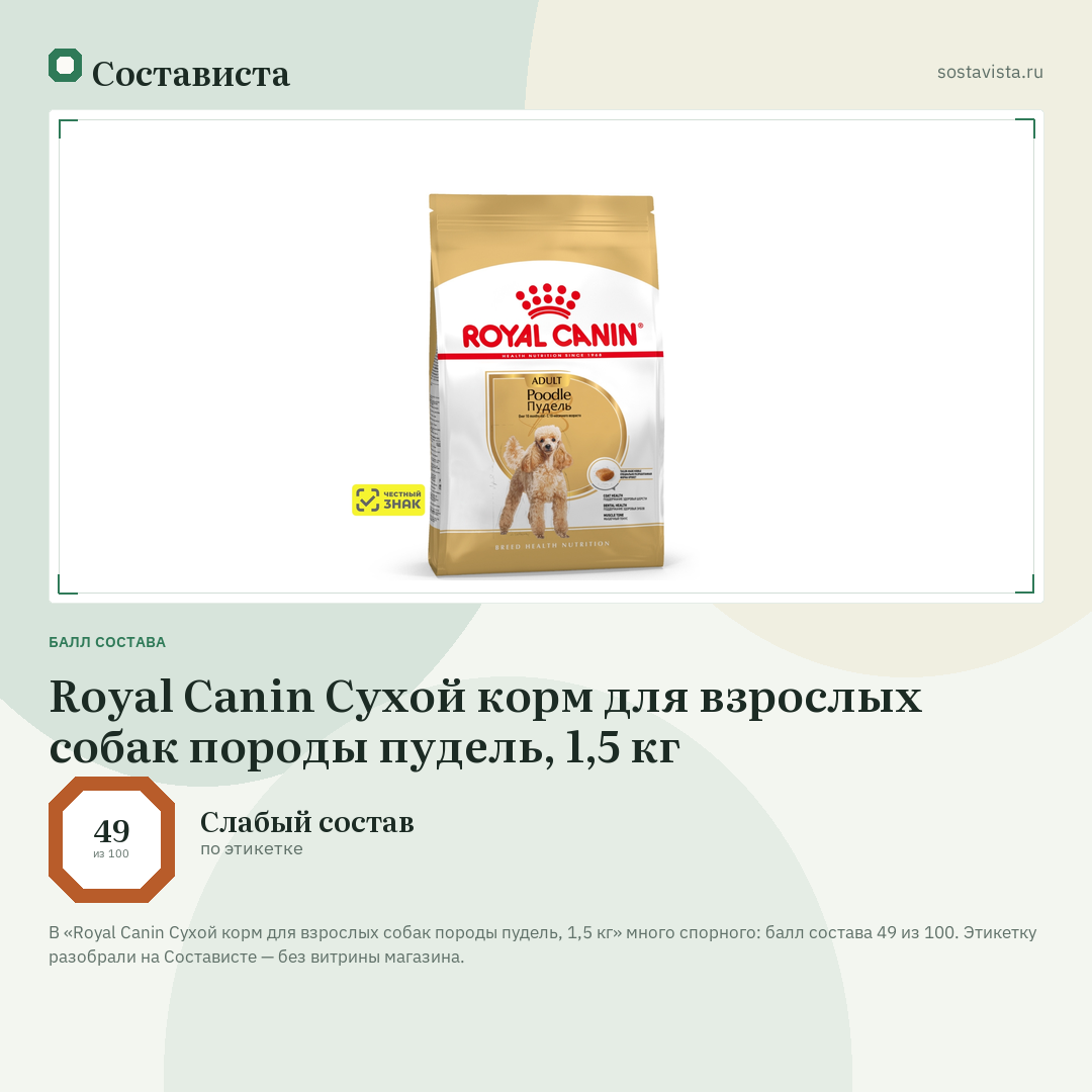 Royal Canin Сухой корм для взрослых собак породы пудель, 1,5 кг: балл состава 49 из 100 — Состависта