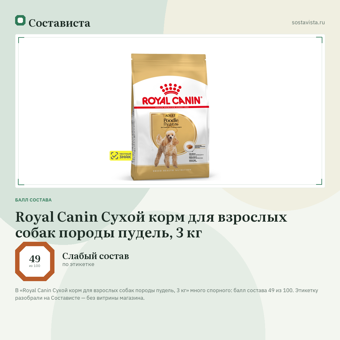 Royal Canin Сухой корм для взрослых собак породы пудель, 3 кг: балл состава 49 из 100 — Состависта