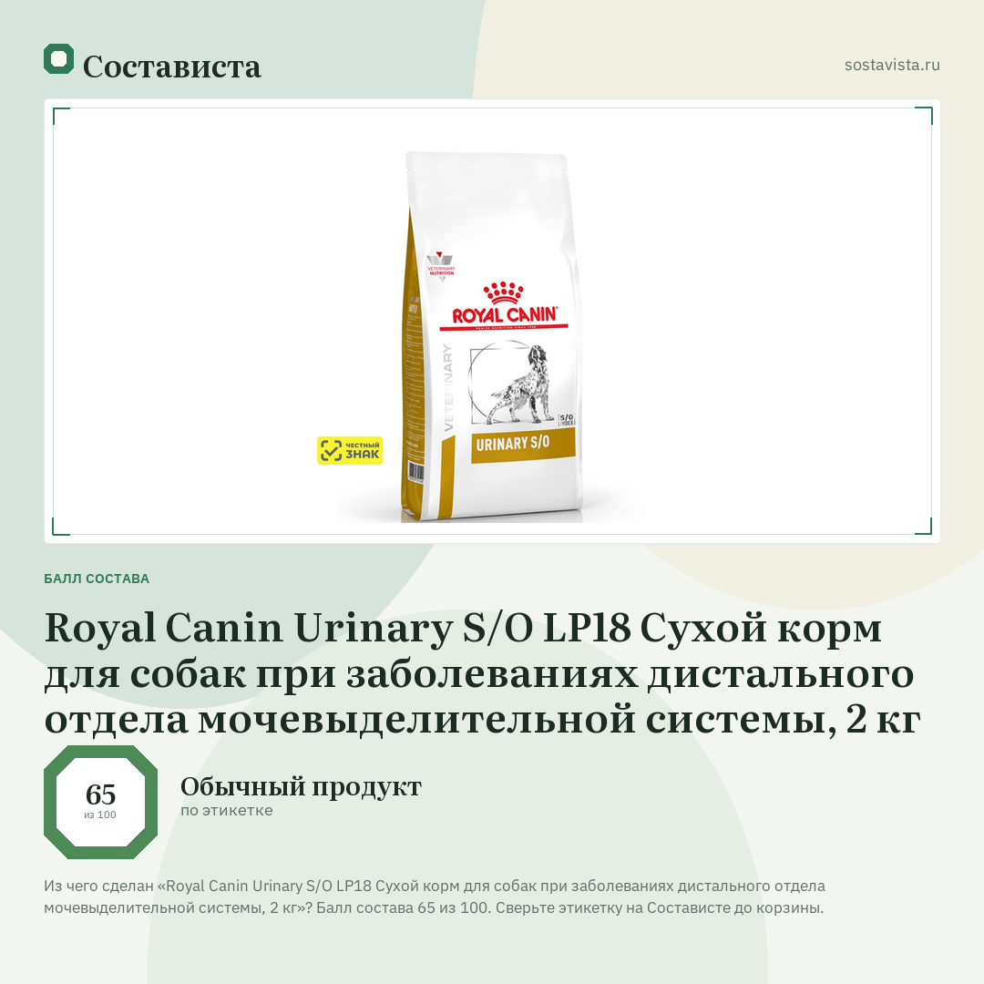Royal Canin Urinary S/O LP18 Сухой корм для собак при заболеваниях дистального отдела мочевыделительной системы, 2 кг: балл состава 65 из 100 — Состависта