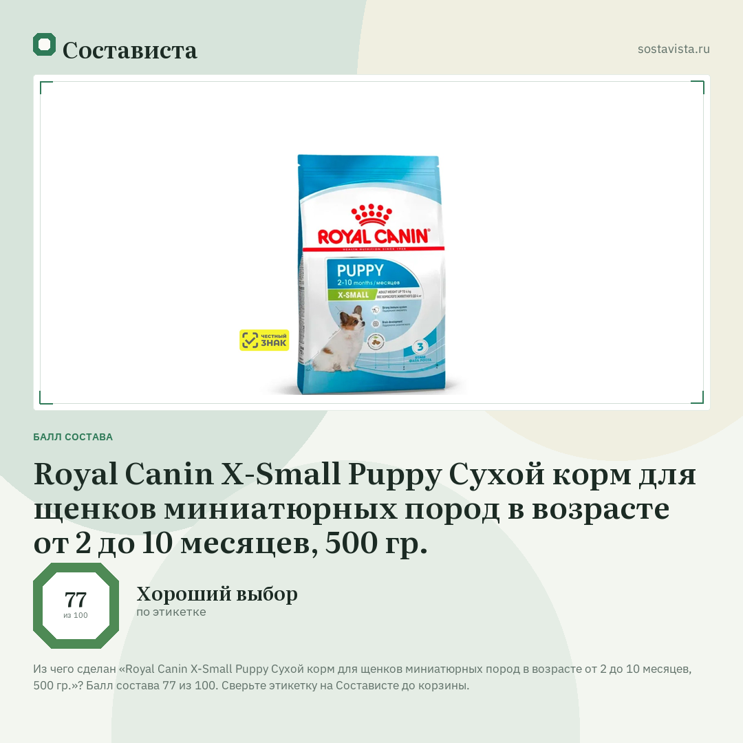 Royal Canin X-Small Puppy Сухой корм для щенков миниатюрных пород в возрасте от 2 до 10 месяцев, 500 гр.: балл состава 77 из 100 — Состависта
