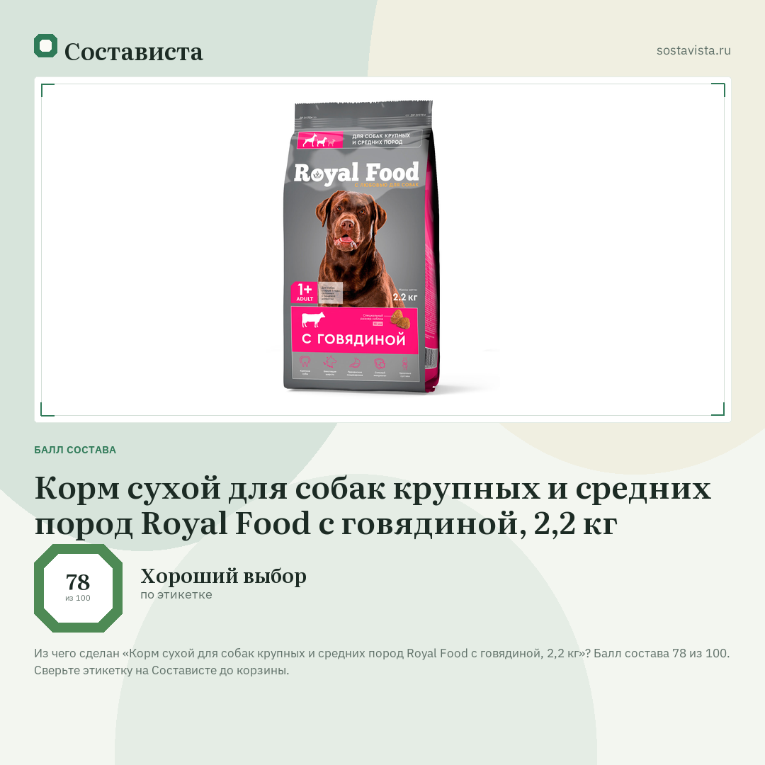 Корм сухой для собак крупных и средних пород Royal Food с говядиной, 2,2 кг: балл состава 78 из 100 — Состависта