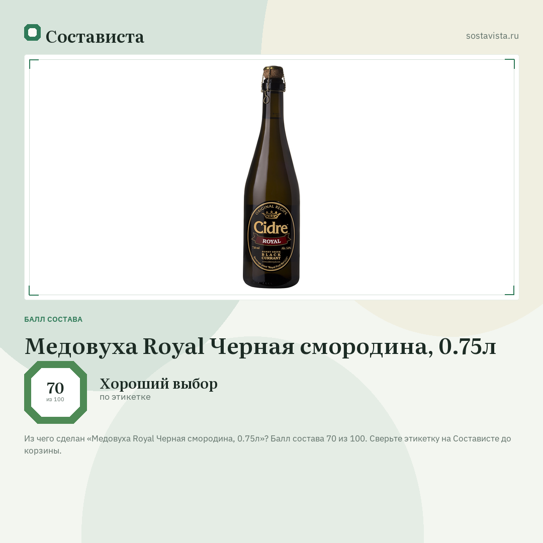 Медовуха Royal Черная смородина, 0.75л: балл состава 70 из 100 — Состависта