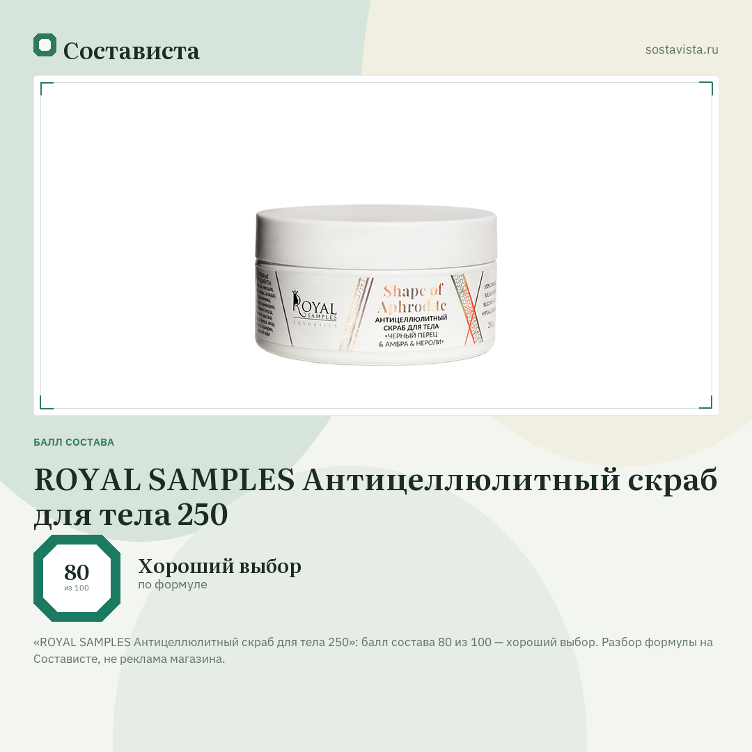 ROYAL SAMPLES Антицеллюлитный скраб для тела 250: балл состава 80 из 100 — Состависта