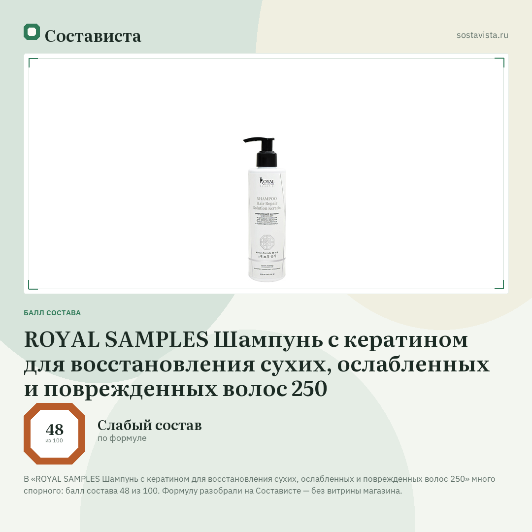 ROYAL SAMPLES Шампунь с кератином для восстановления сухих, ослабленных и поврежденных волос 250: балл состава 48 из 100 — Состависта
