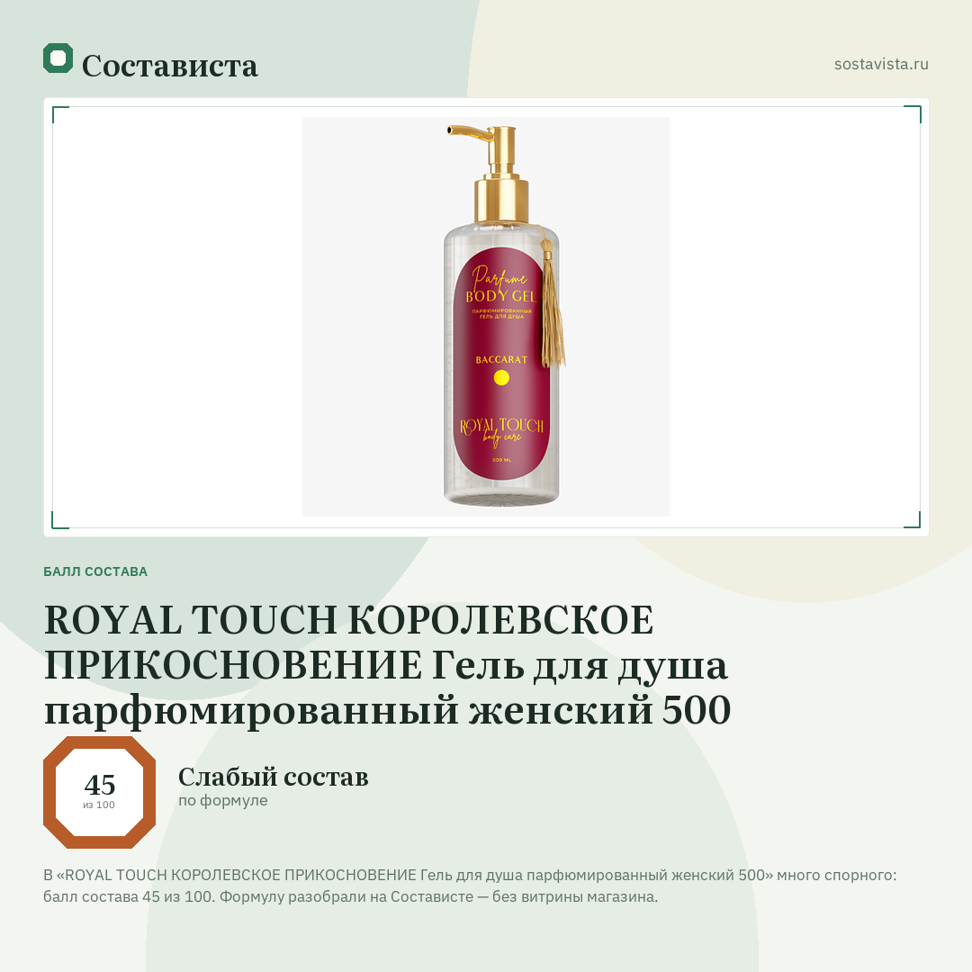 ROYAL TOUCH КОРОЛЕВСКОЕ ПРИКОСНОВЕНИЕ Гель для душа парфюмированный женский 500: балл состава 45 из 100 — Состависта