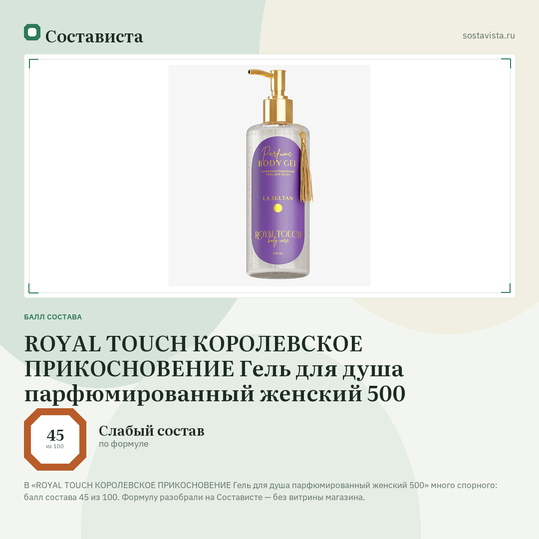 ROYAL TOUCH КОРОЛЕВСКОЕ ПРИКОСНОВЕНИЕ Гель для душа парфюмированный женский 500: балл состава 45 из 100 — Состависта