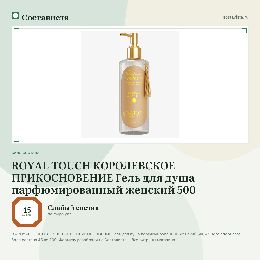 ROYAL TOUCH КОРОЛЕВСКОЕ ПРИКОСНОВЕНИЕ Гель для душа парфюмированный женский 500: балл состава 45 из 100 — Состависта