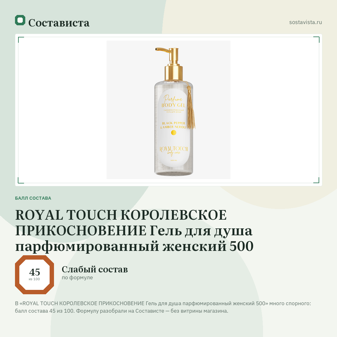ROYAL TOUCH КОРОЛЕВСКОЕ ПРИКОСНОВЕНИЕ Гель для душа парфюмированный женский 500: балл состава 45 из 100 — Состависта
