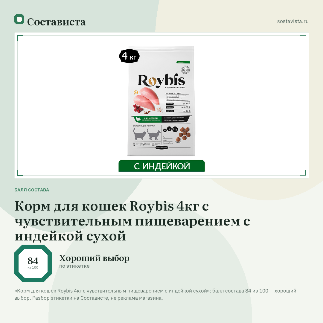 Корм для кошек Roybis 4кг с чувствительным пищеварением с индейкой сухой: балл состава 84 из 100 — Состависта