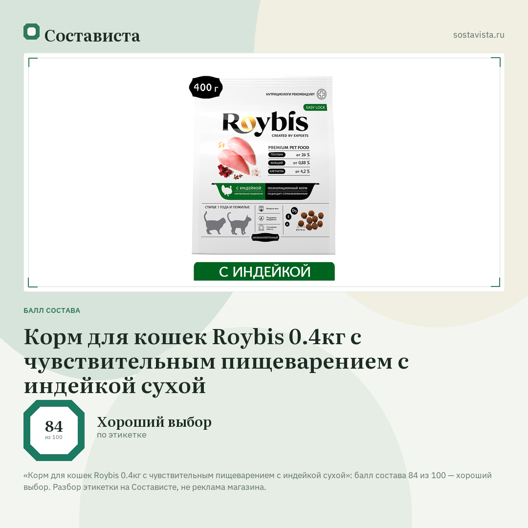 Корм для кошек Roybis 0.4кг с чувствительным пищеварением с индейкой сухой: балл состава 84 из 100 — Состависта
