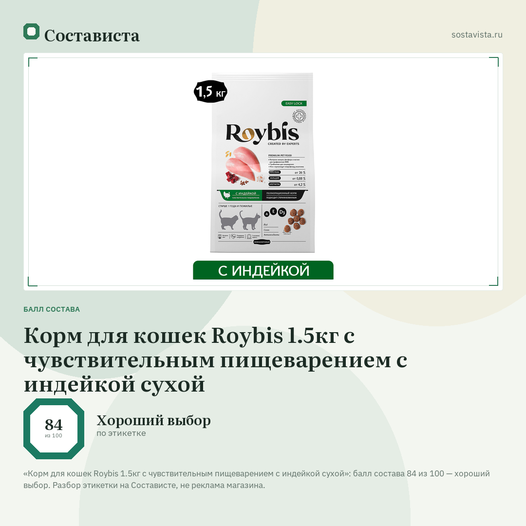 Корм для кошек Roybis 1.5кг с чувствительным пищеварением с индейкой сухой: балл состава 84 из 100 — Состависта