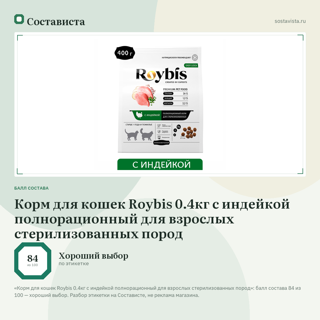 Корм для кошек Roybis 0.4кг с индейкой полнорационный для взрослых стерилизованных пород: балл состава 84 из 100 — Состависта