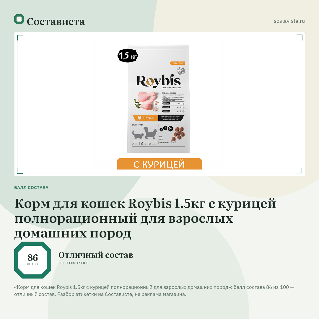 Корм для кошек Roybis 1.5кг с курицей полнорационный для взрослых домашних пород: балл состава 86 из 100 — Состависта