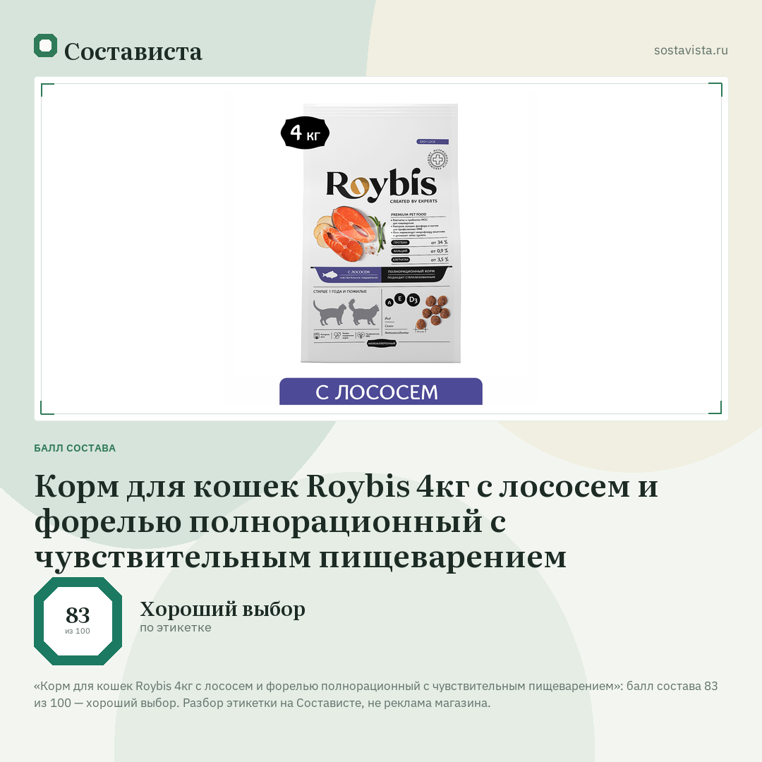 Корм для кошек Roybis 4кг с лососем и форелью полнорационный с чувствительным пищеварением: балл состава 83 из 100 — Состависта