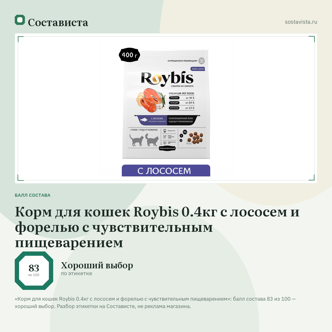 Корм для кошек Roybis 0.4кг с лососем и форелью с чувствительным пищеварением: балл состава 83 из 100 — Состависта