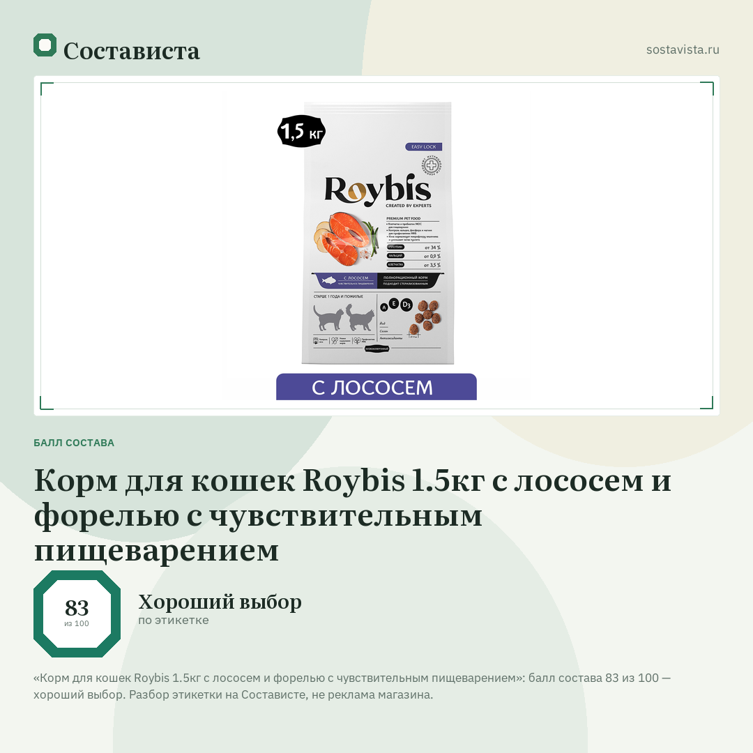 Корм для кошек Roybis 1.5кг с лососем и форелью с чувствительным пищеварением: балл состава 83 из 100 — Состависта