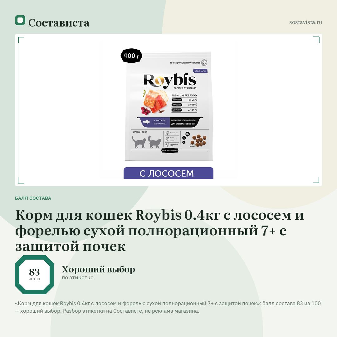 Корм для кошек Roybis 0.4кг с лососем и форелью сухой полнорационный 7+ с защитой почек: балл состава 83 из 100 — Состависта