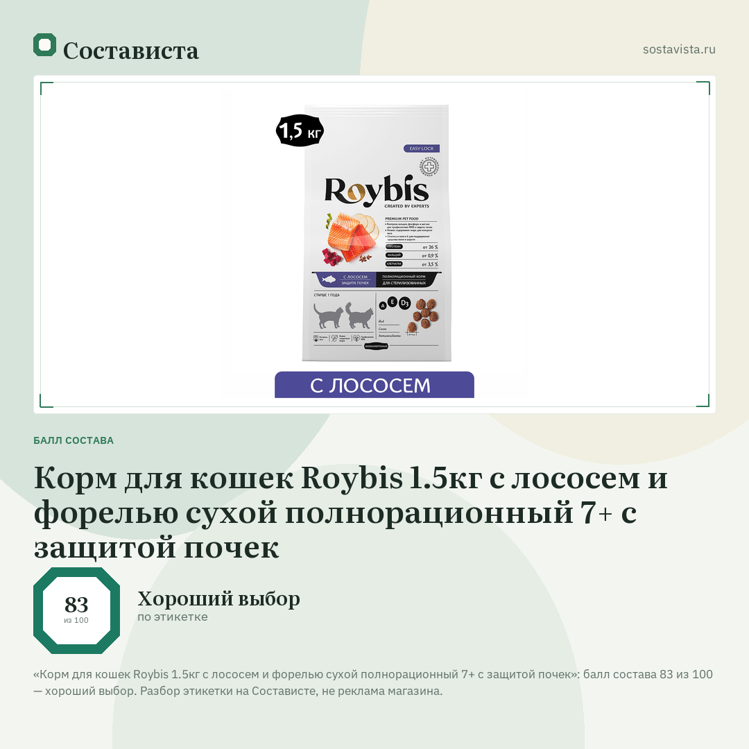 Корм для кошек Roybis 1.5кг с лососем и форелью сухой полнорационный 7+ с защитой почек: балл состава 83 из 100 — Состависта