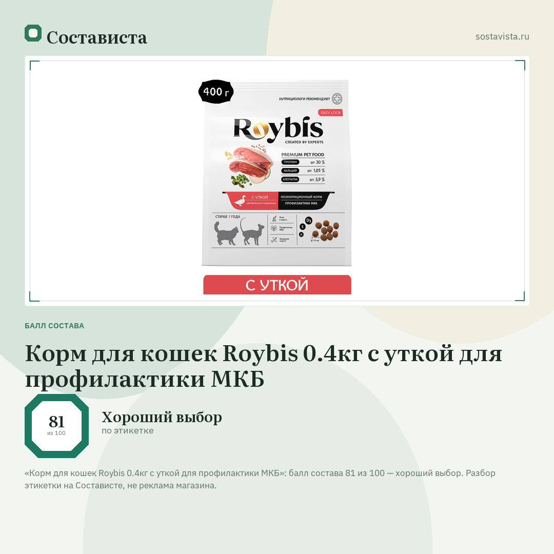 Корм для кошек Roybis 0.4кг с уткой для профилактики МКБ: балл состава 81 из 100 — Состависта