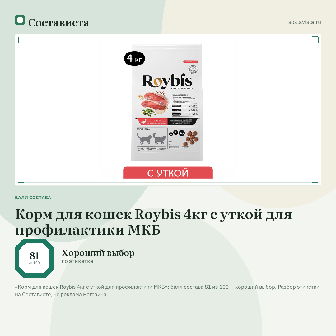 Корм для кошек Roybis 4кг с уткой для профилактики МКБ: балл состава 81 из 100 — Состависта