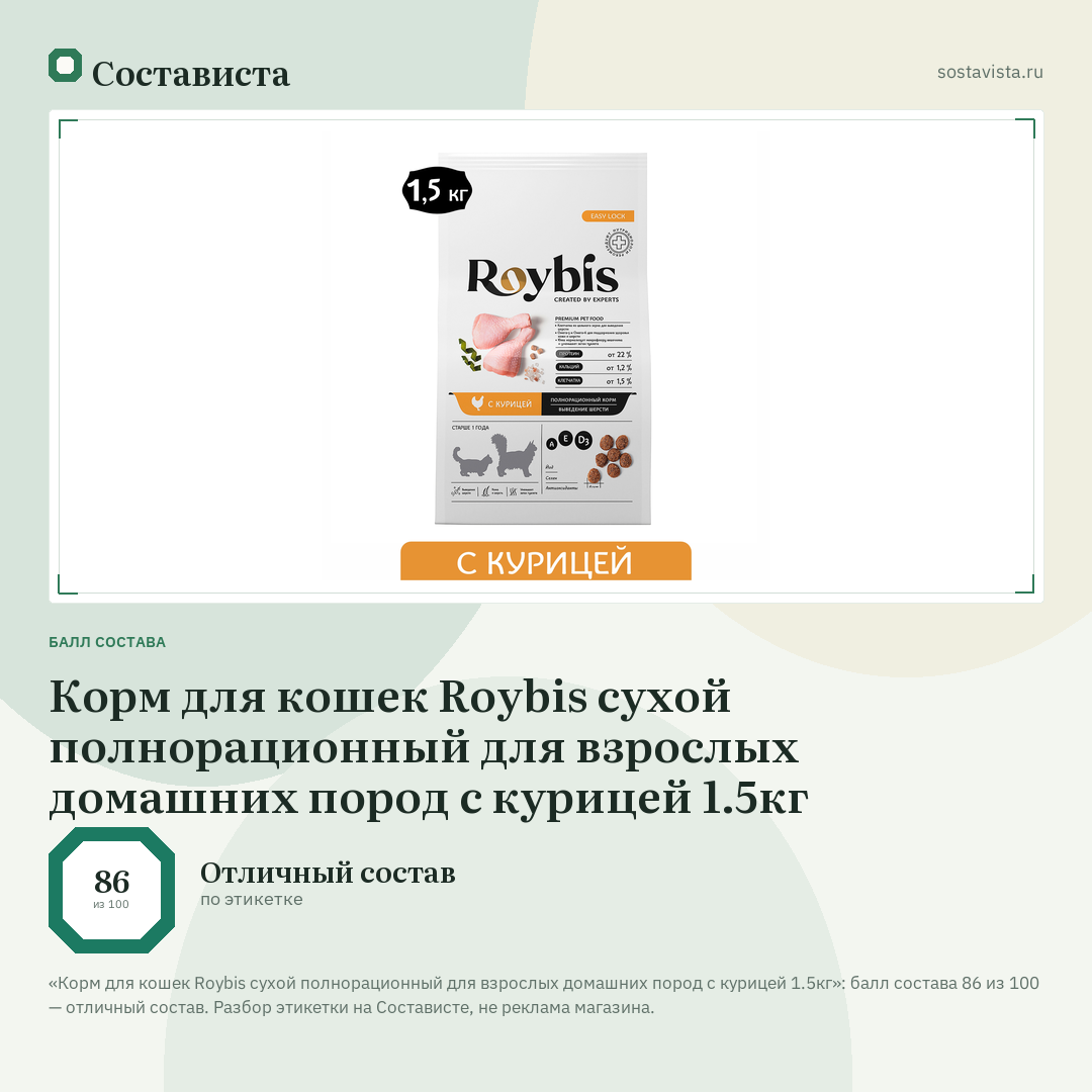 Корм для кошек Roybis сухой полнорационный для взрослых домашних пород с курицей 1.5кг: балл состава 86 из 100 — Состависта